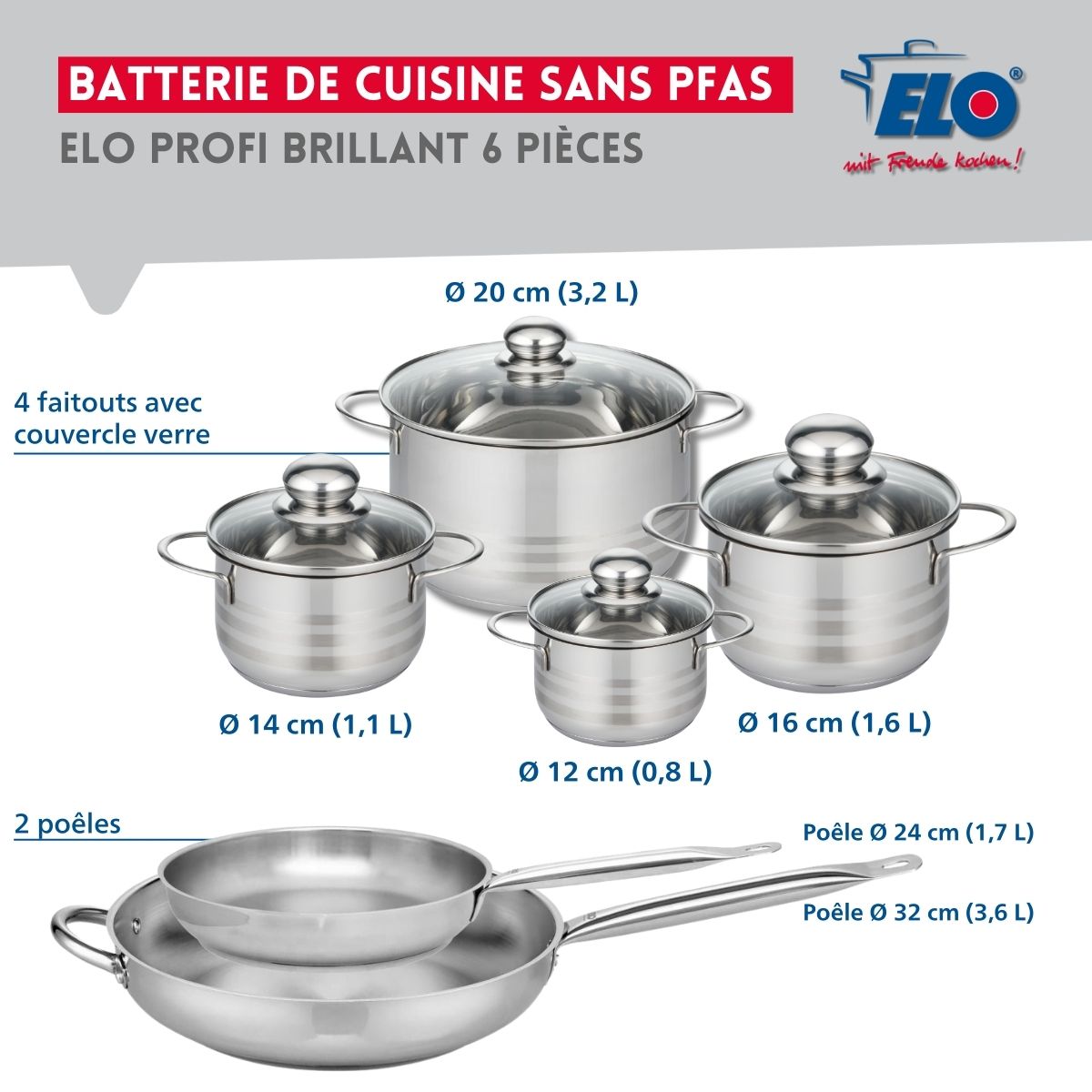 Ensemble de 2 Poêles de cuisson 24 et 32 cm et 4 faitouts 12, 14, 16 et 20 cm  Profi Brillant Elo - Mathon - 2