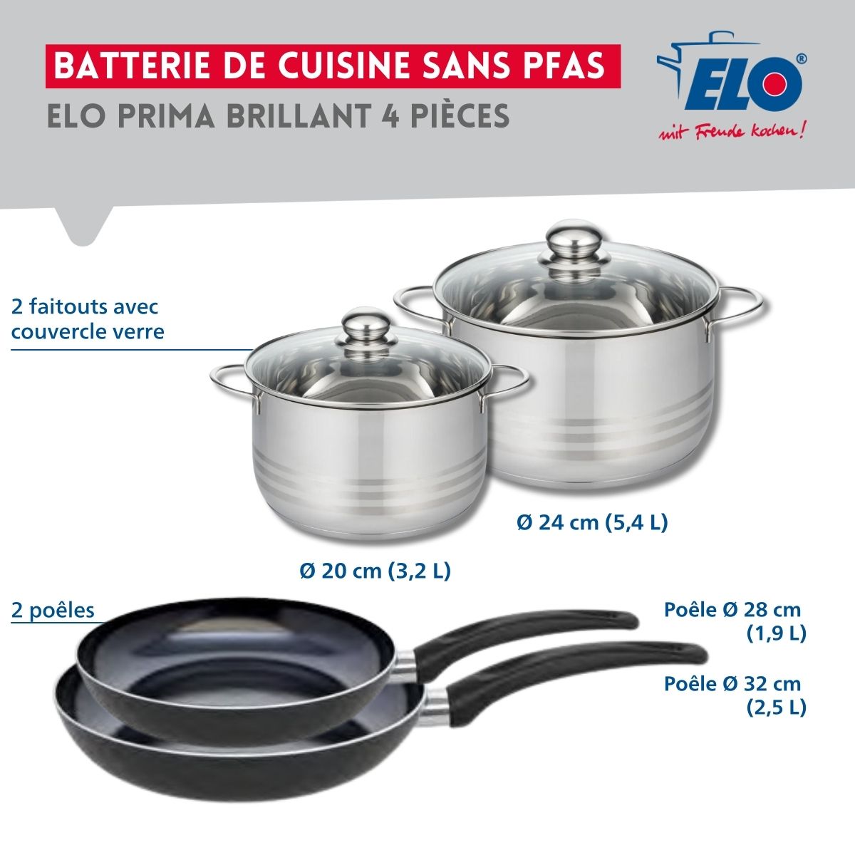 Ensemble de 2 Poêles de cuisson 28 et 32 cm et 2 faitouts 20 et 24 cm  Prima Brillant Elo - Mathon - 2