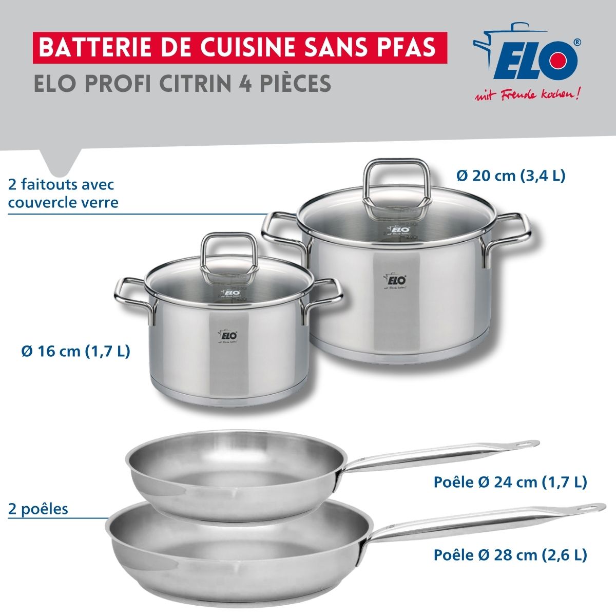 Set de 2 Poêles de cuisson 24 et 28 cm et 2 faitouts 16 et 20 cm  Profi Citrin Elo - Mathon - 2