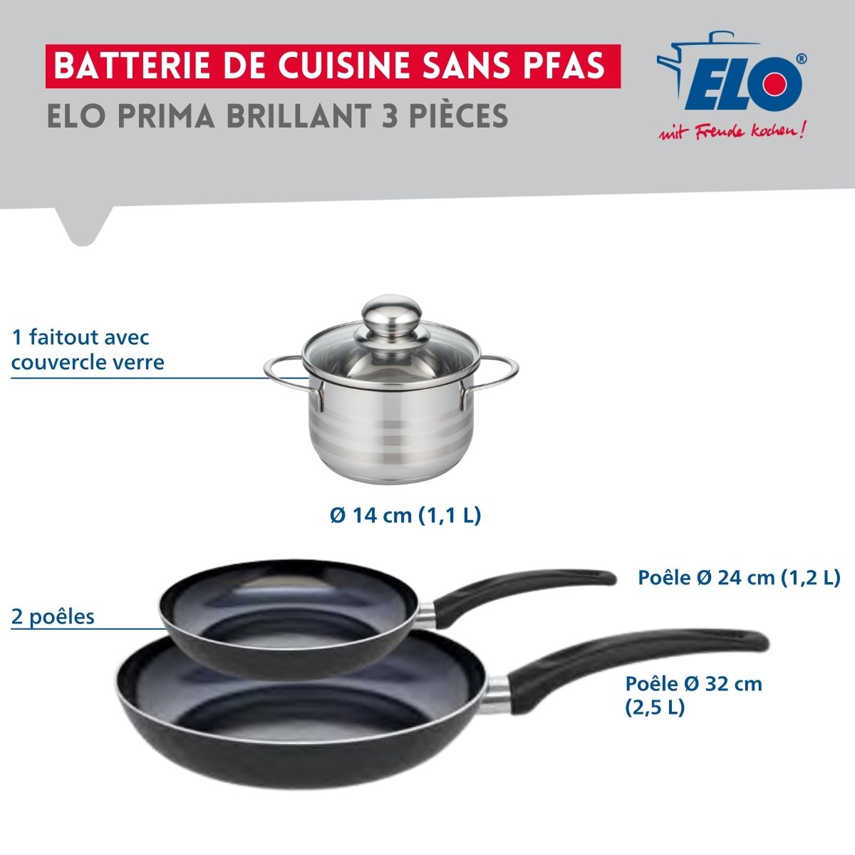 Ensemble de 2 Poêles de cuisson 24 et 32 cm et 1 faitout 14 cm  Prima Brillant Elo - Mathon - 2