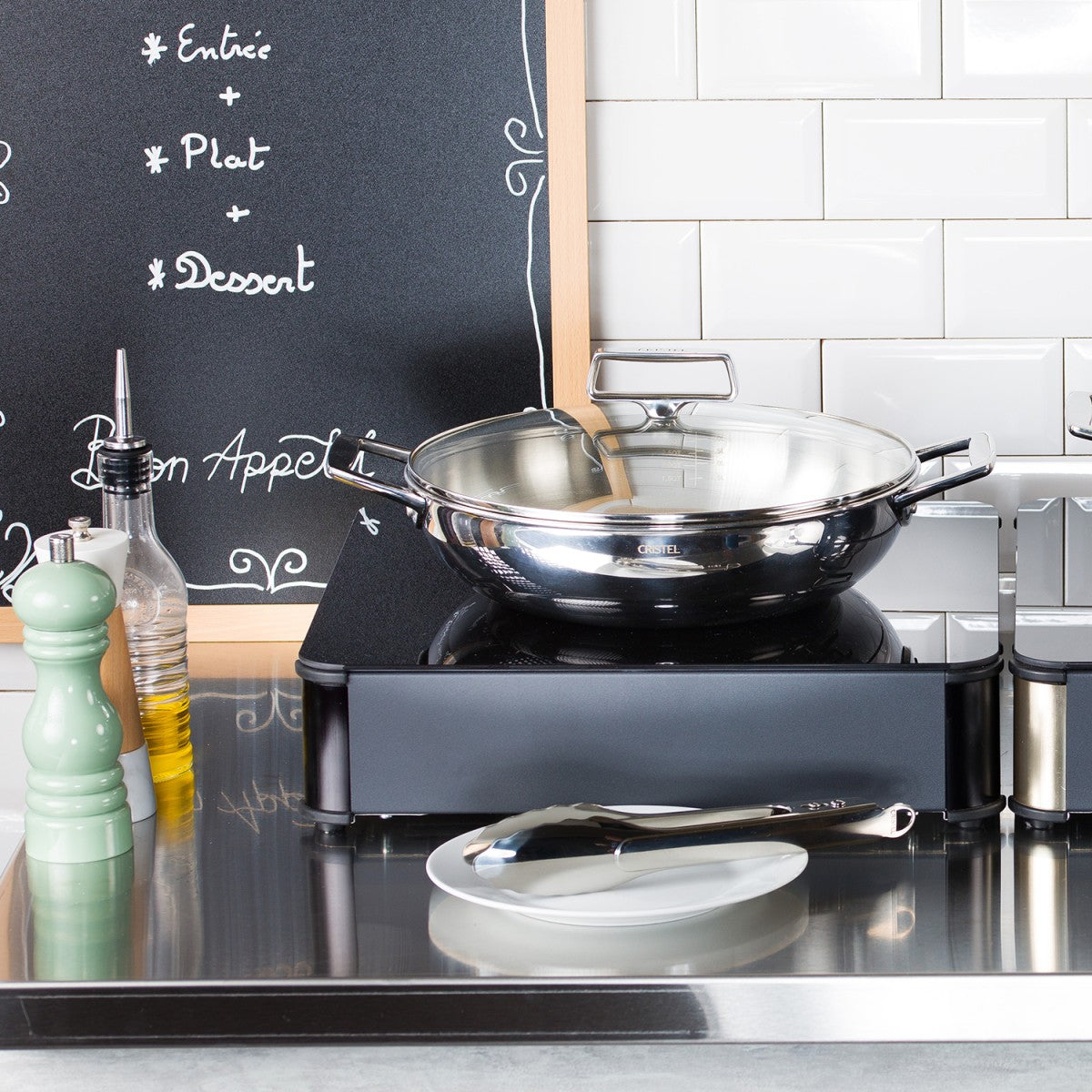 Plat sautoir en inox à 2 anses avec couvercle en verre 28cm Cristel - Mathon - 2