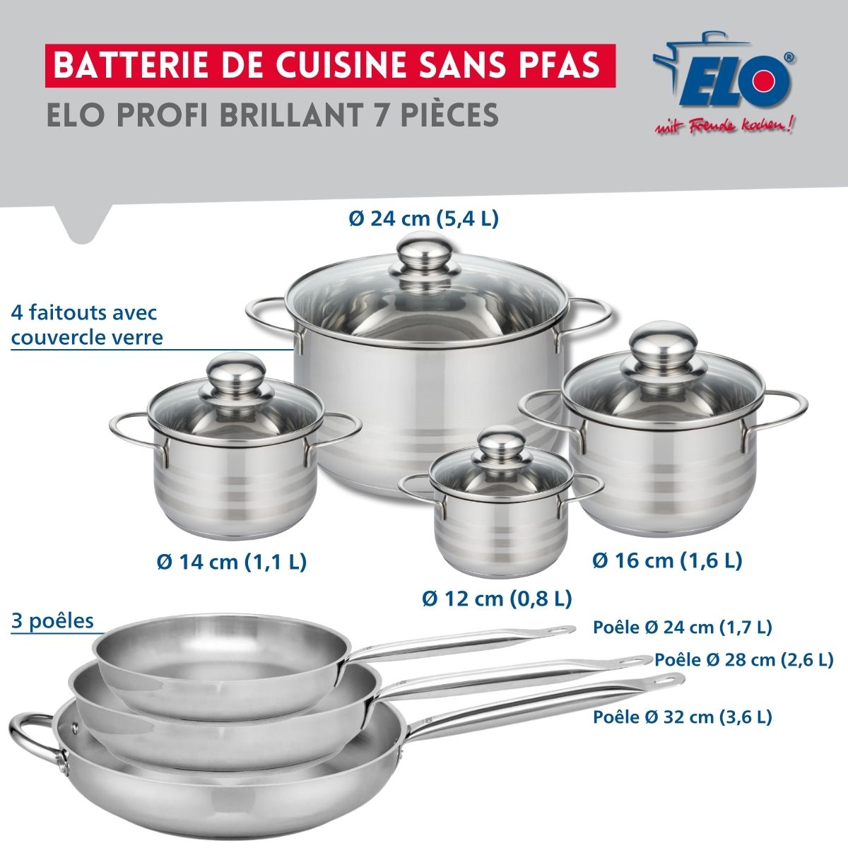 Ensemble de 3 Poêles de cuisson 24, 28 et 32 cm et 4 faitouts 12, 14, 16 et 24 cm  Profi Brillant Elo - Mathon - 2