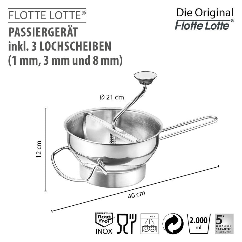 Moulin à légumes FLOTTE LOTTE®, avec 3 disques perforés (1 mm, 3 mm, 8 mm) Gefu - Mathon - 2