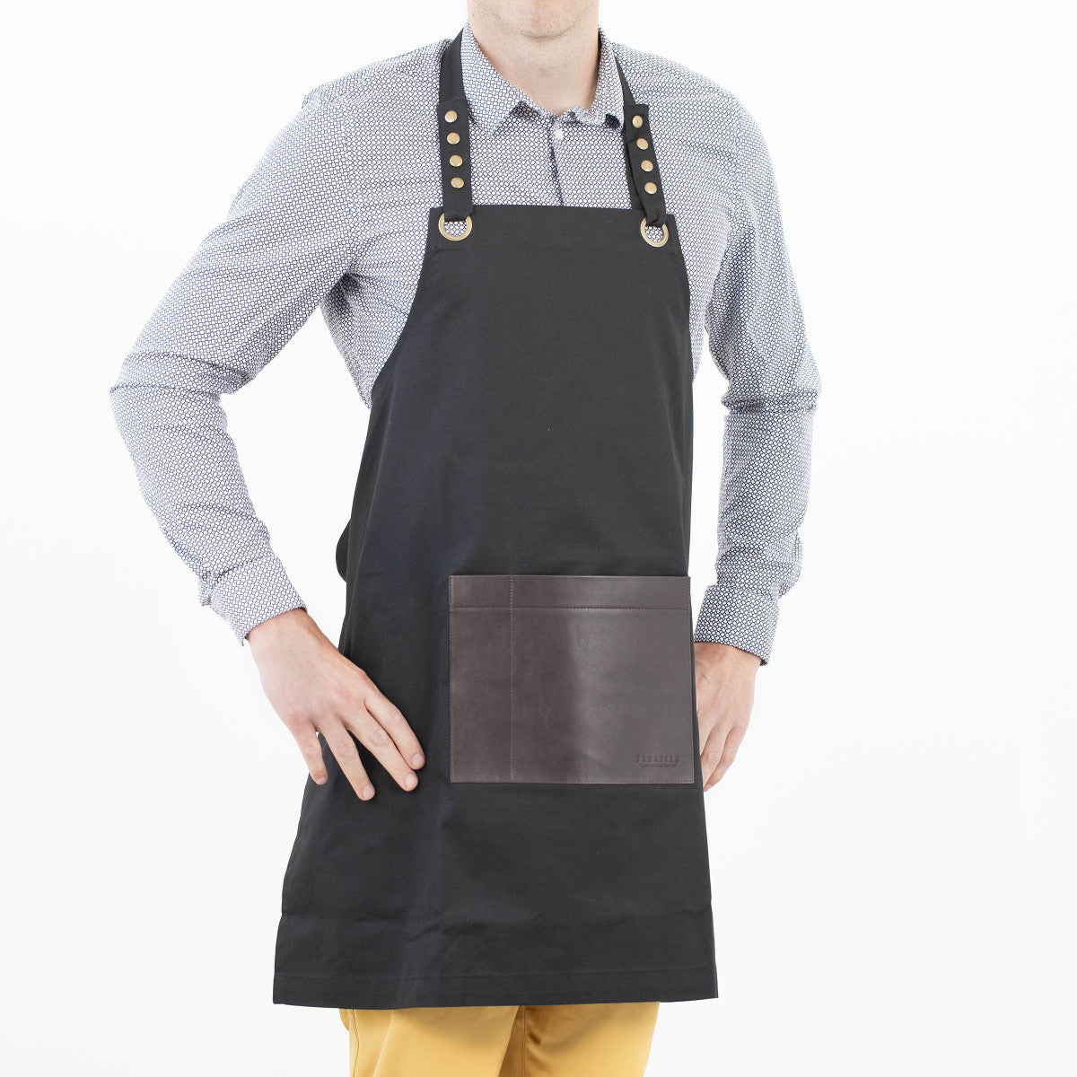 Honoré - Tablier en tissu noir avec poche en simili cuir marron Sabatier Trompette - Mathon - 2