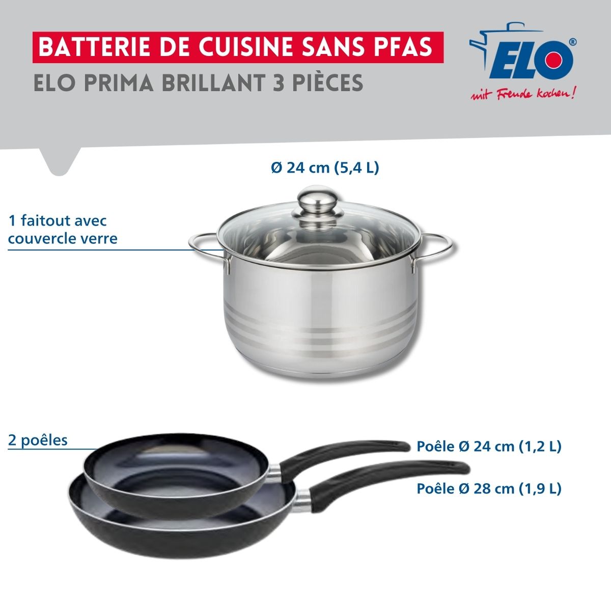 Ensemble de 2 Poêles de cuisson 24 et 28 cm et 1 faitout 24 cm  Prima Brillant Elo - Mathon - 2