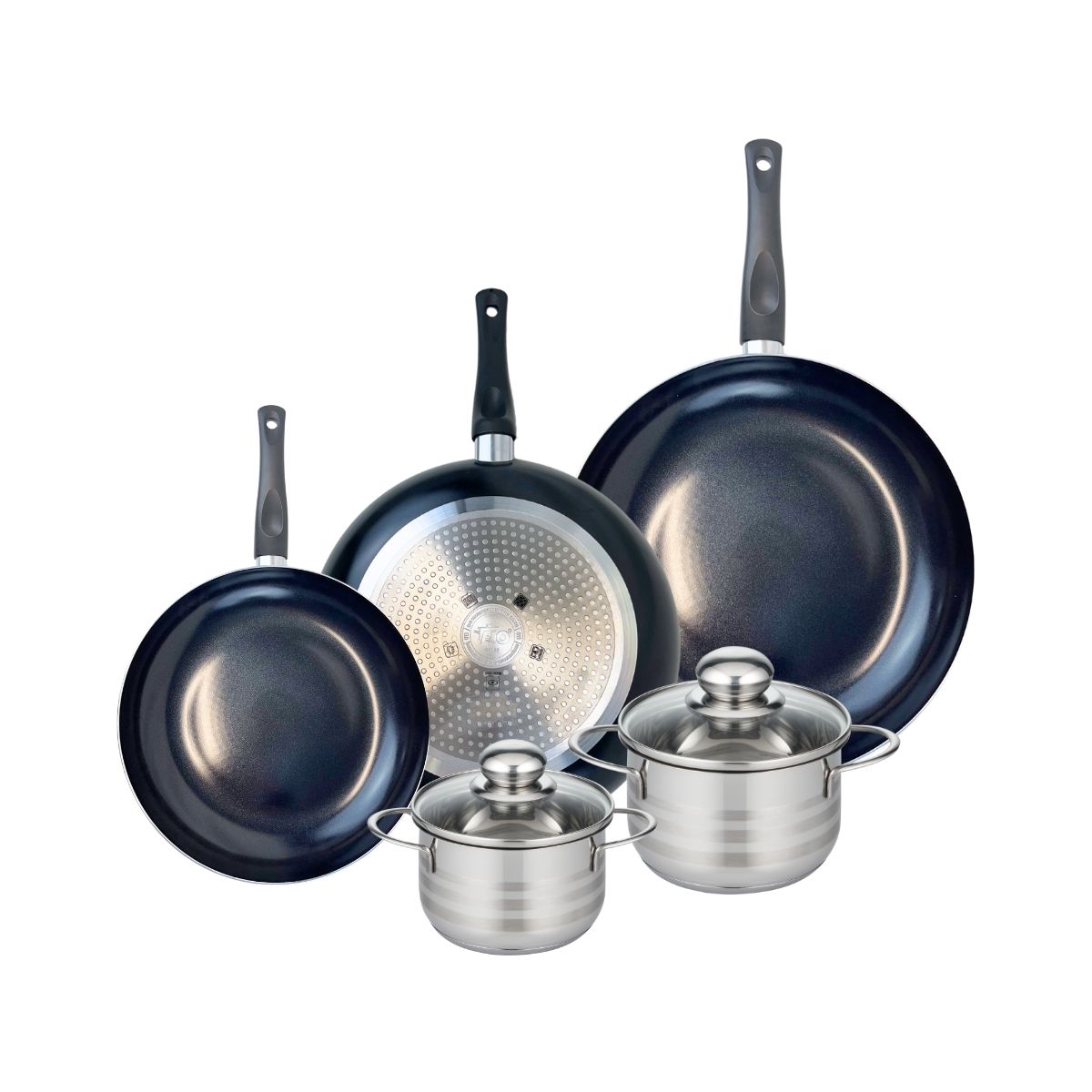 Ensemble de 3 Poêles de cuisson 24, 28 et 32 cm et 2 faitouts 14 et 16 cm  Prima Brillant Elo - Mathon - 1