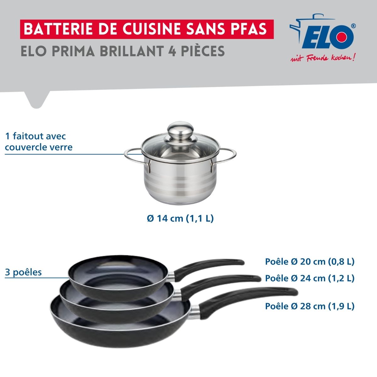 Ensemble de 3 Poêles de cuisson 20, 24 et 28 cm et 1 faitout 14 cm  Prima Brillant Elo - Mathon - 2