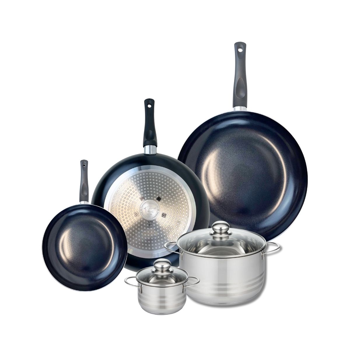 Ensemble de 3 Poêles de cuisson 20, 28 et 32 cm et 2 faitouts 12 et 20 cm  Prima Brillant Elo - Mathon - 1