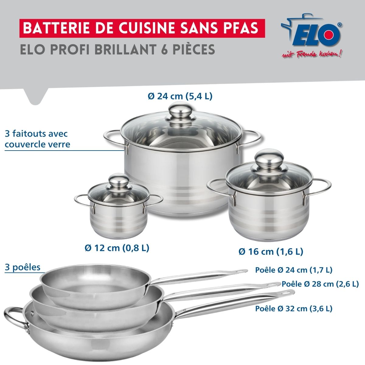 Ensemble de 3 Poêles de cuisson 24, 28 et 32 cm et 3 faitouts 12, 16 et 24 cm  Profi Brillant Elo - Mathon - 2