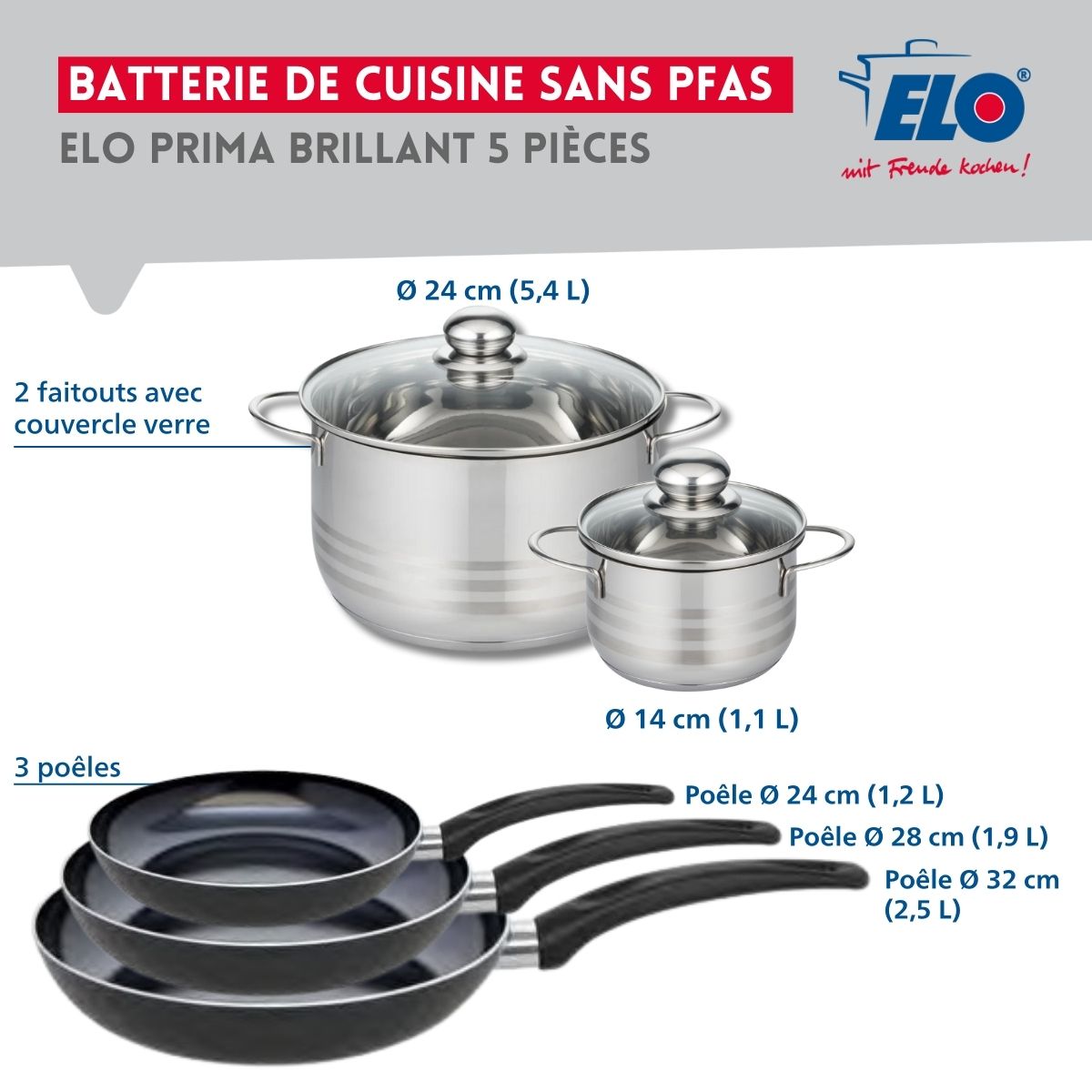 Ensemble de 3 Poêles de cuisson 24, 28 et 32 cm et 2 faitouts 14 et 24 cm  Prima Brillant Elo - Mathon - 2
