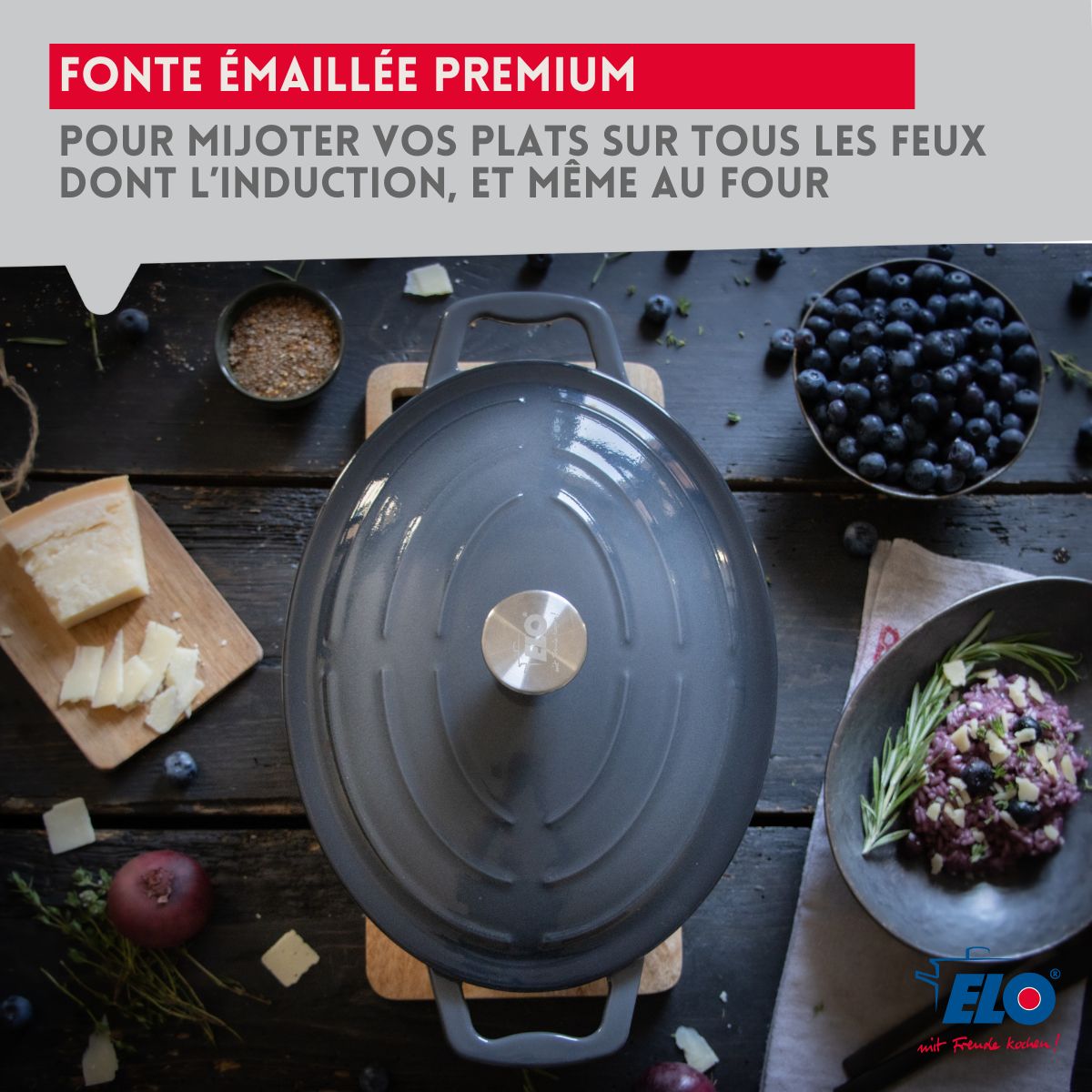 Cocotte ovale en fonte émaillée 33 cm gris classique 5 L Elo - Mathon - 4