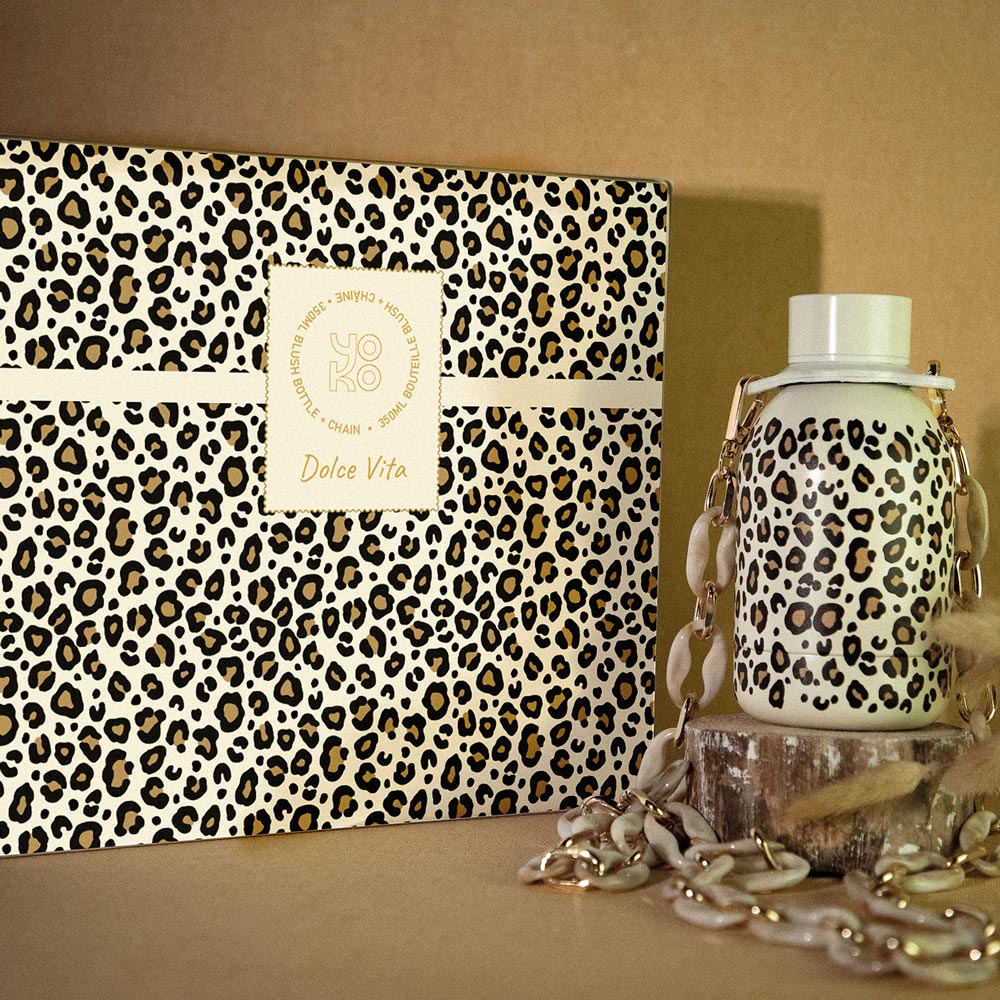 Coffret bouteille isotherme blush léopard 35 cl avec chaine Yoko Design - Mathon - 2