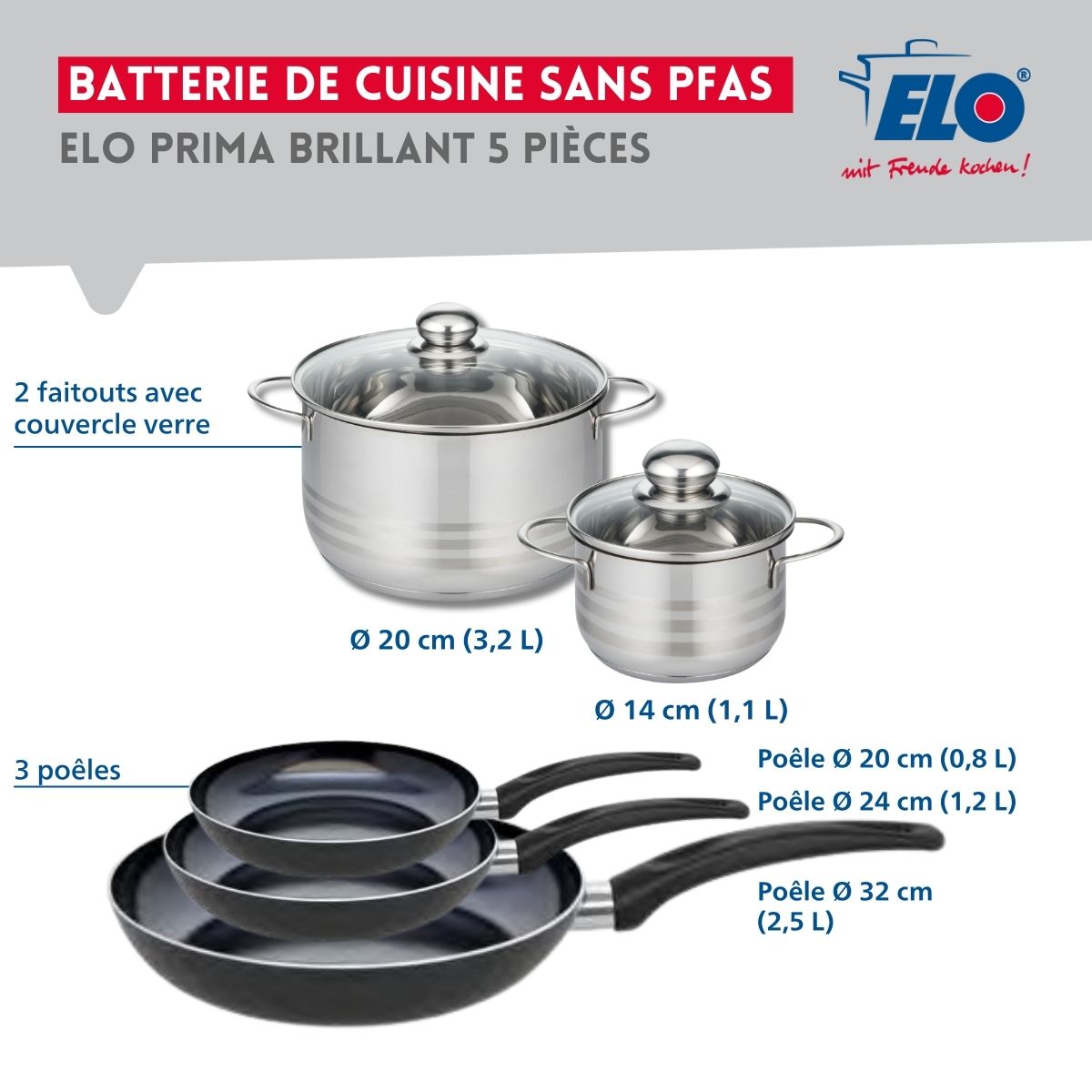 Ensemble de 3 Poêles de cuisson 20, 24 et 32 cm et 2 faitouts 14 et 20 cm  Prima Brillant Elo - Mathon - 2