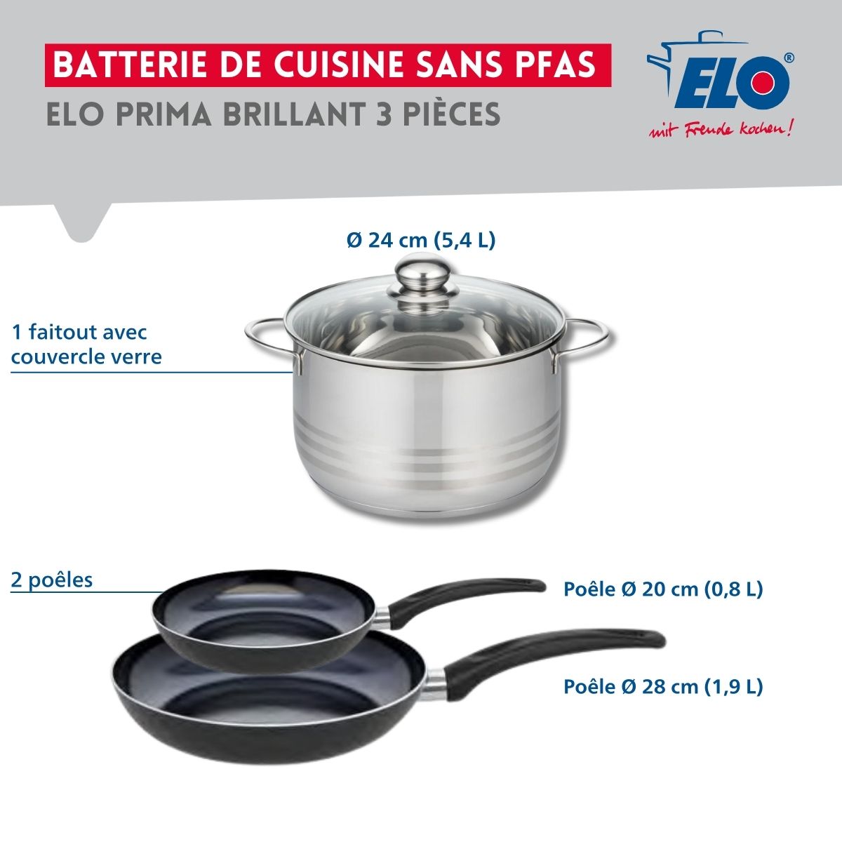 Ensemble de 2 Poêles de cuisson 20 et 28 cm et 1 faitout 24 cm  Prima Brillant Elo - Mathon - 2