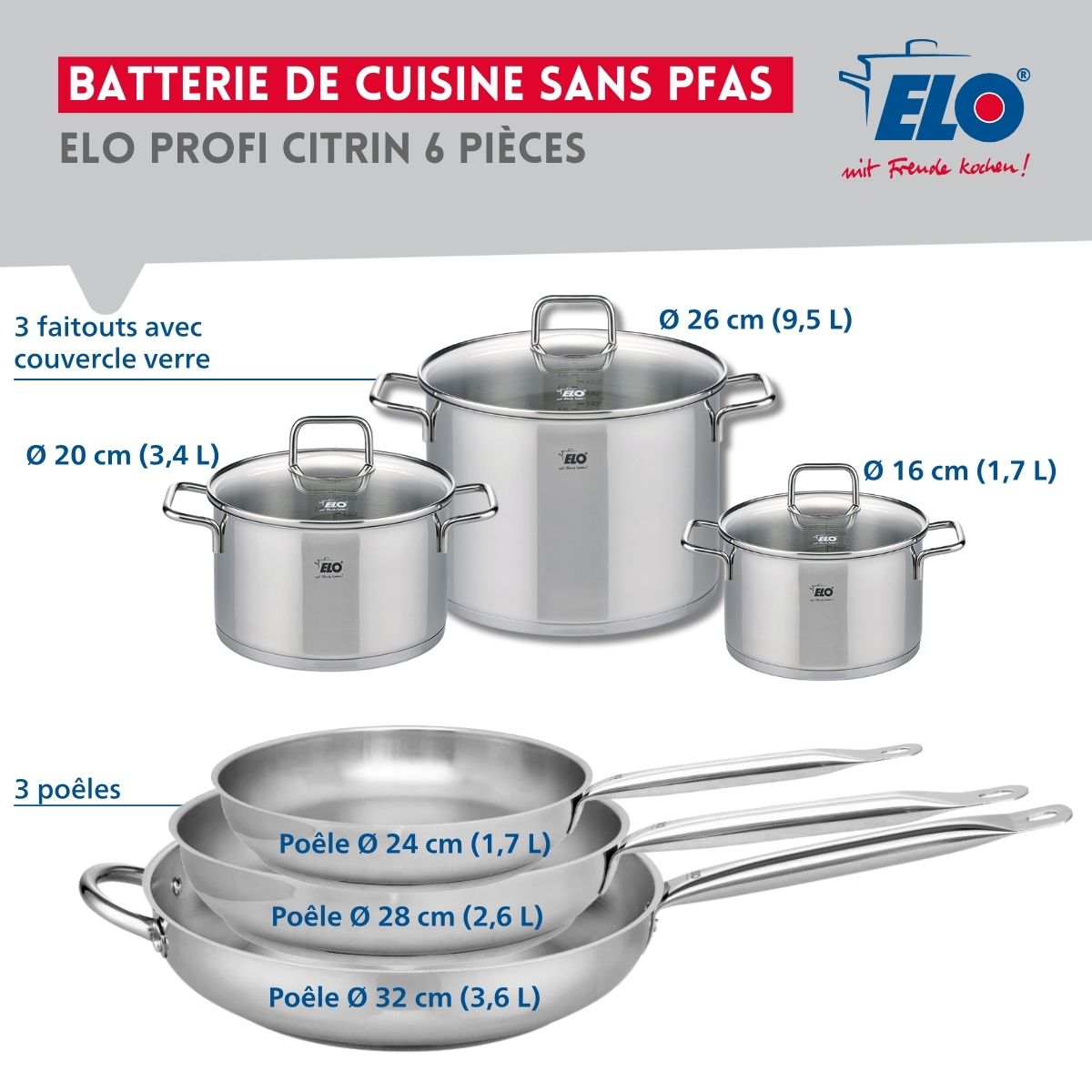 Ensemble de 3 Poêles de cuisson 24, 28 et 32 cm et 3 faitouts 16, 20 et 26 cm  Profi Citrin Elo - Mathon - 2