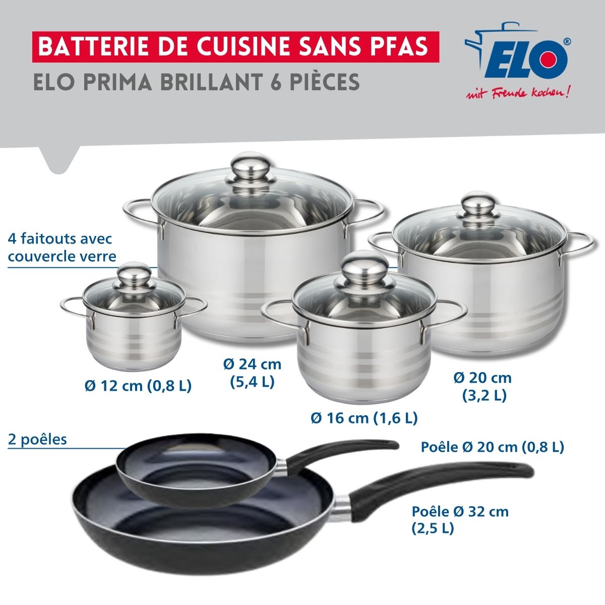 Ensemble de 2 Poêles de cuisson 20 et 32 cm et 4 faitouts 12, 16, 20 et 24 cm  Prima Brillant Elo - Mathon - 2