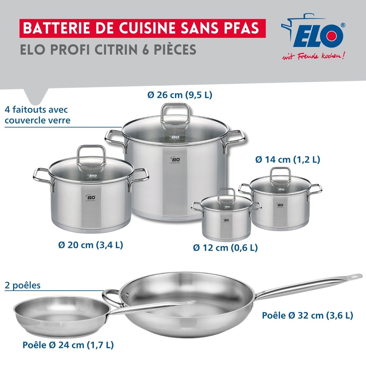 Ensemble de 2 Poêles de cuisson 24 et 32 cm et 4 faitouts 12, 14, 20 et 26 cm  Profi Citrin Elo - Mathon - 2