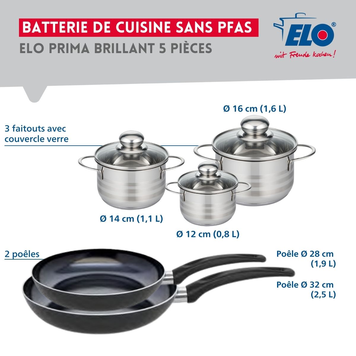 Ensemble de 2 Poêles de cuisson 28 et 32 cm et 3 faitouts 12, 14 et 16 cm  Prima Brillant Elo - Mathon - 2
