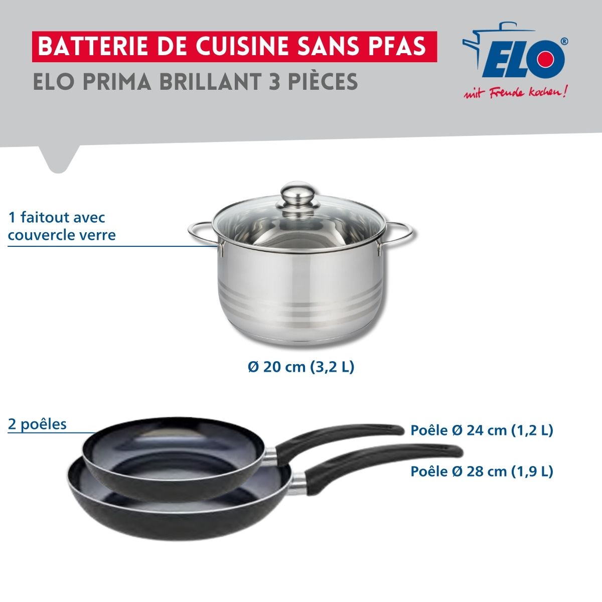 Ensemble de 2 Poêles de cuisson 24 et 28 cm et 1 faitout 20 cm  Prima Brillant Elo - Mathon - 2