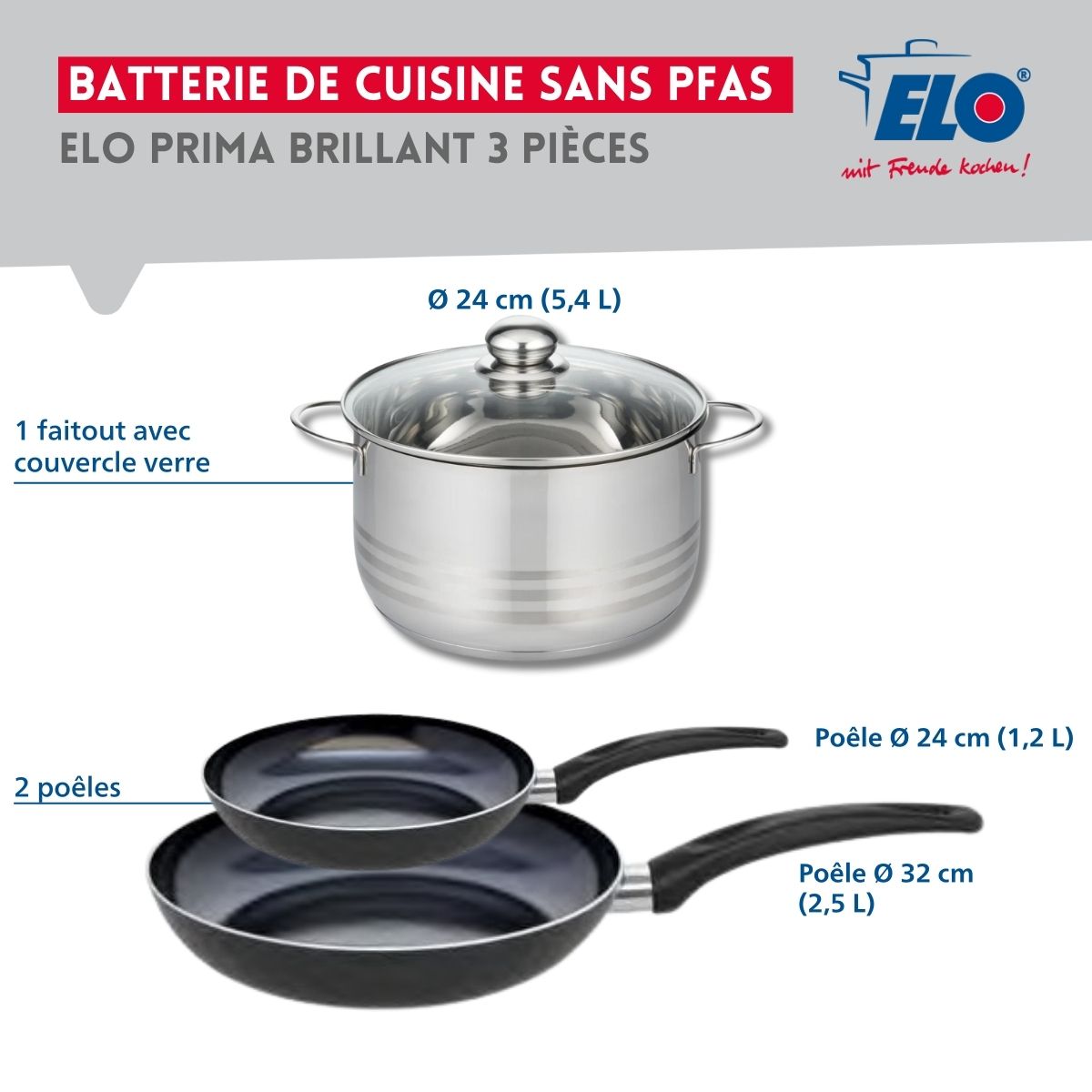 Ensemble de 2 Poêles de cuisson 24 et 32 cm et 1 faitout 24 cm  Prima Brillant Elo - Mathon - 2