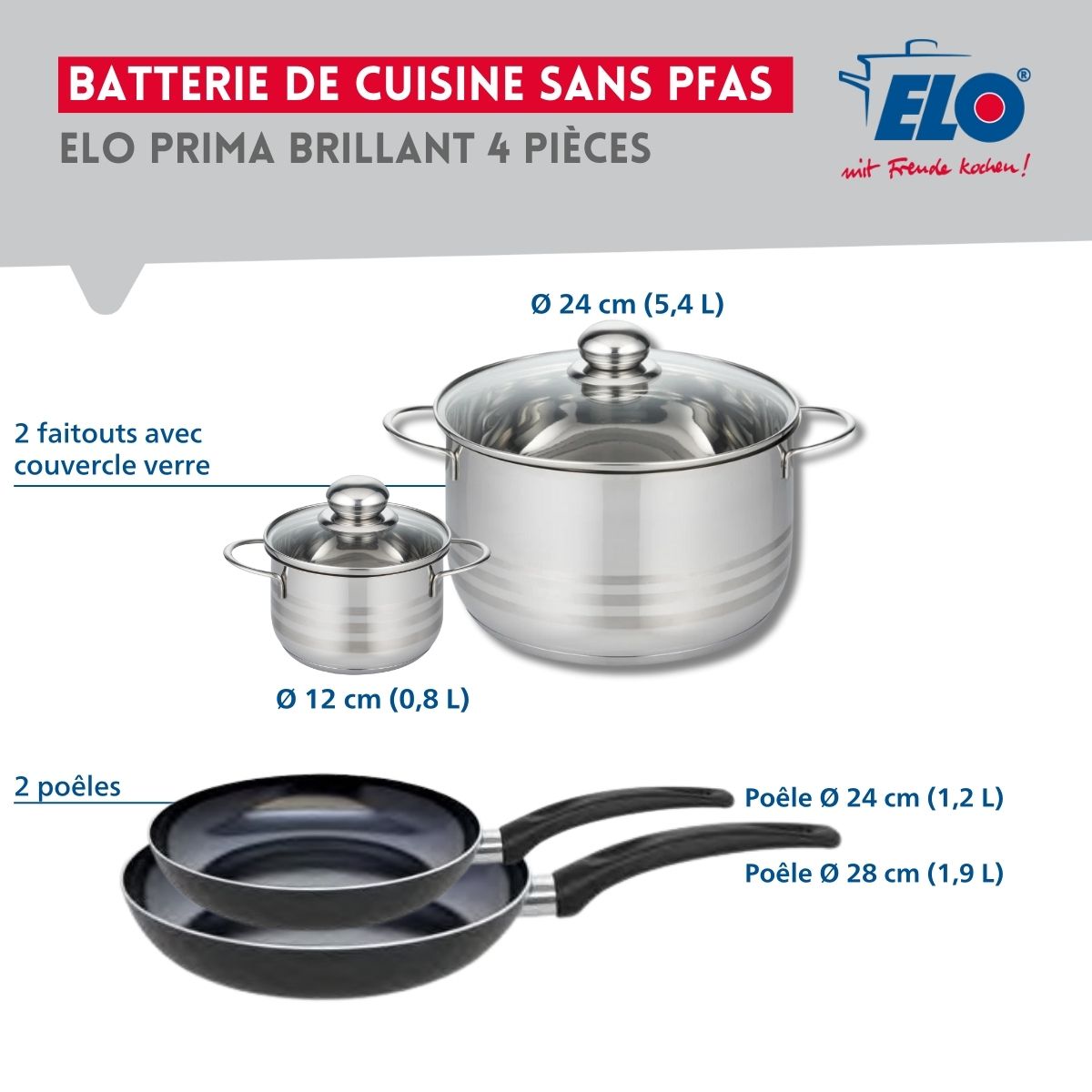 Ensemble de 2 Poêles de cuisson 24 et 28 cm et 2 faitouts 12 et 24 cm  Prima Brillant Elo - Mathon - 2