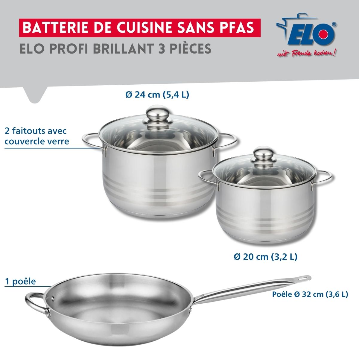 Ensemble de 1 Poêle de cuisson 32 cm et 2 faitouts 20 et 24 cm  Profi Brillant Elo - Mathon - 2