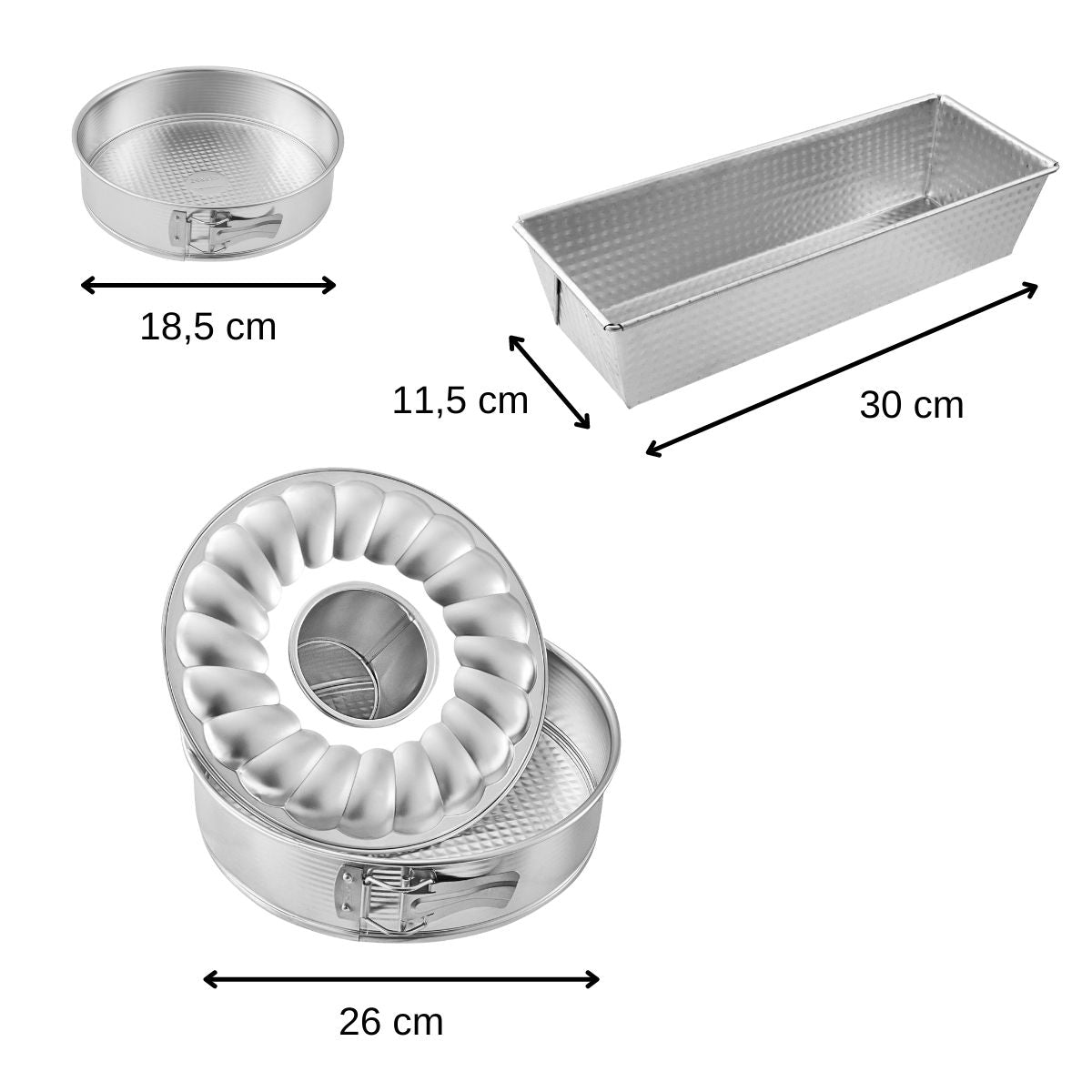 Ensemble de 3 moules à gâteaux avec moule à cake 30 cm + moule manqué 18 cm + moule à manqué et savarin 26 cm Zenker Silver Zenker - Mathon - 3