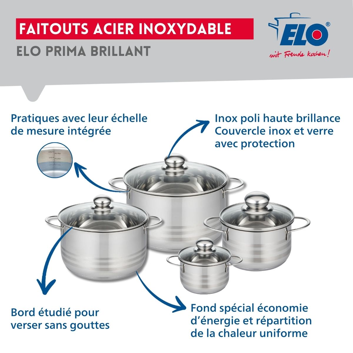 Ensemble de 2 Poêles de cuisson 28 et 32 cm et 4 faitouts 12, 16, 20 et 24 cm  Profi Brillant Elo - Mathon - 3