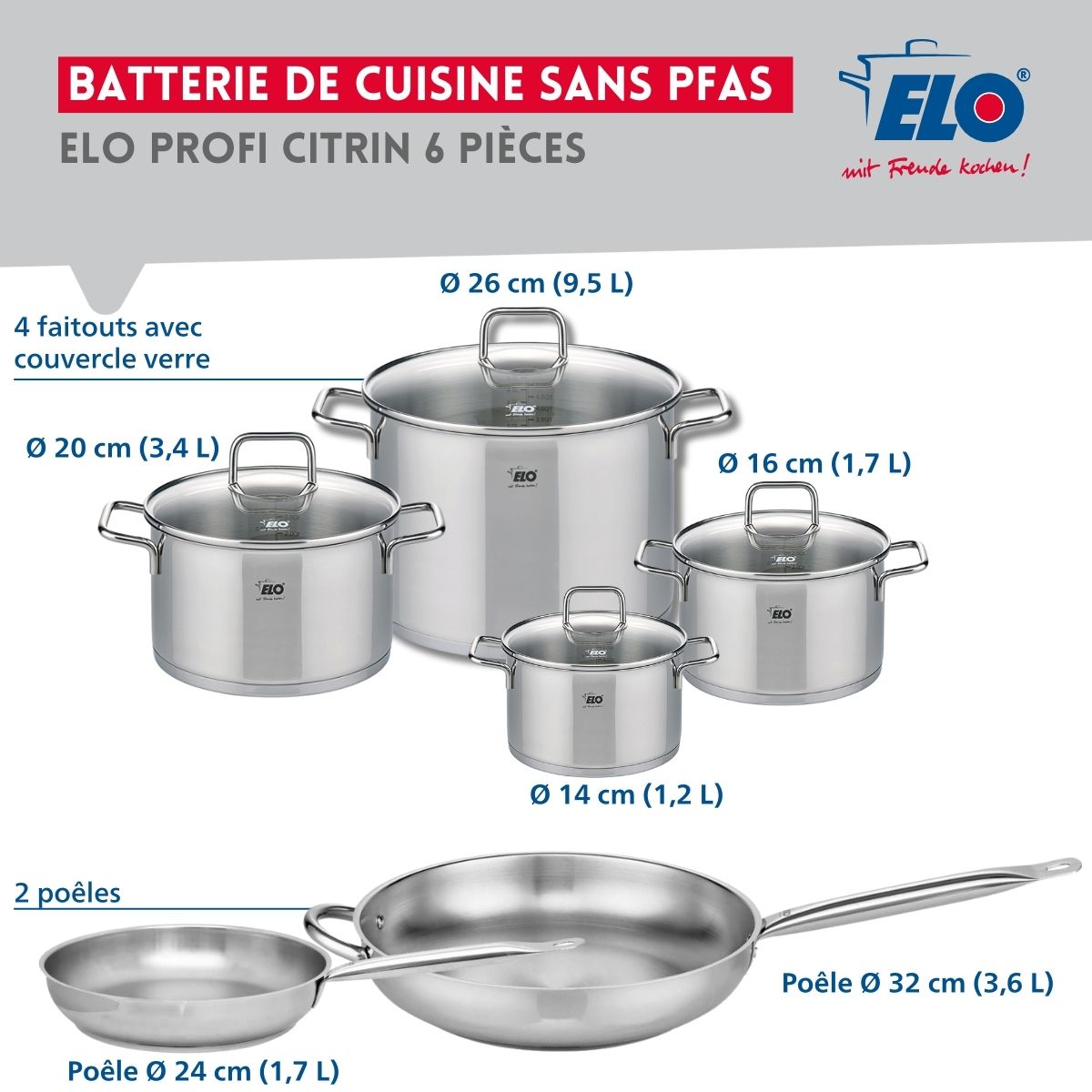 Ensemble de 2 Poêles de cuisson 24 et 32 cm et 4 faitouts 14, 16, 20 et 26 cm  Profi Citrin Elo - Mathon - 2