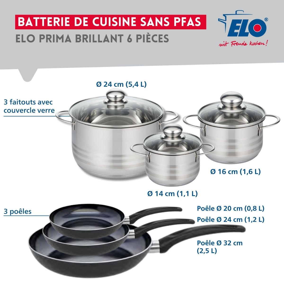 Ensemble de 3 Poêles de cuisson 20, 24 et 32 cm et 3 faitouts 14, 16 et 24 cm  Prima Brillant Elo - Mathon - 2