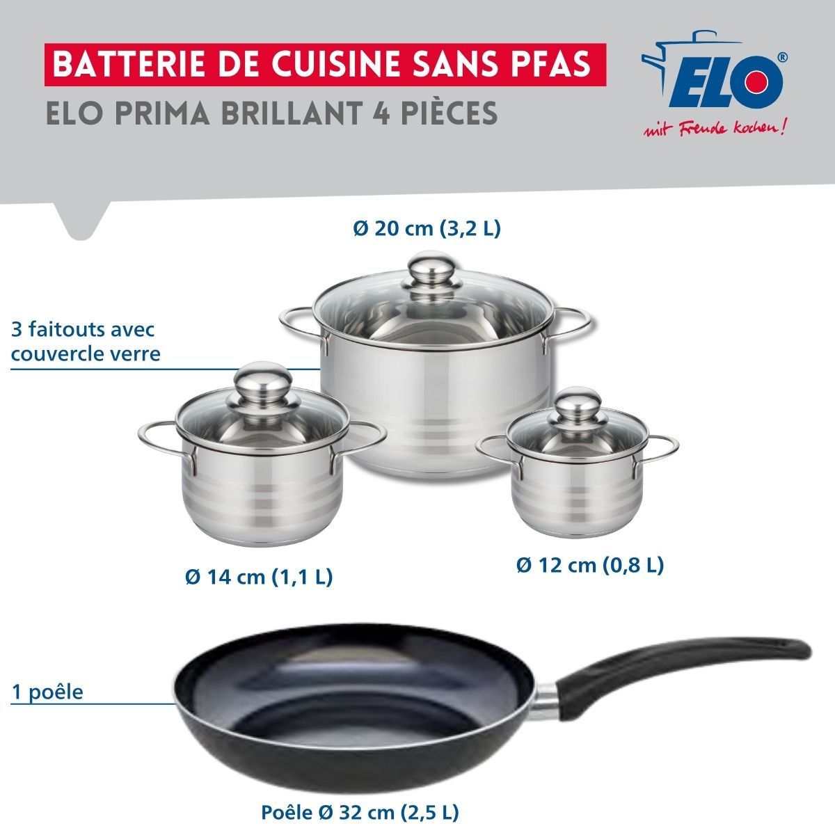 Ensemble de 1 Poêle de cuisson 32 cm et 3 faitouts 12, 14 et 20 cm  Prima Brillant Elo - Mathon - 2