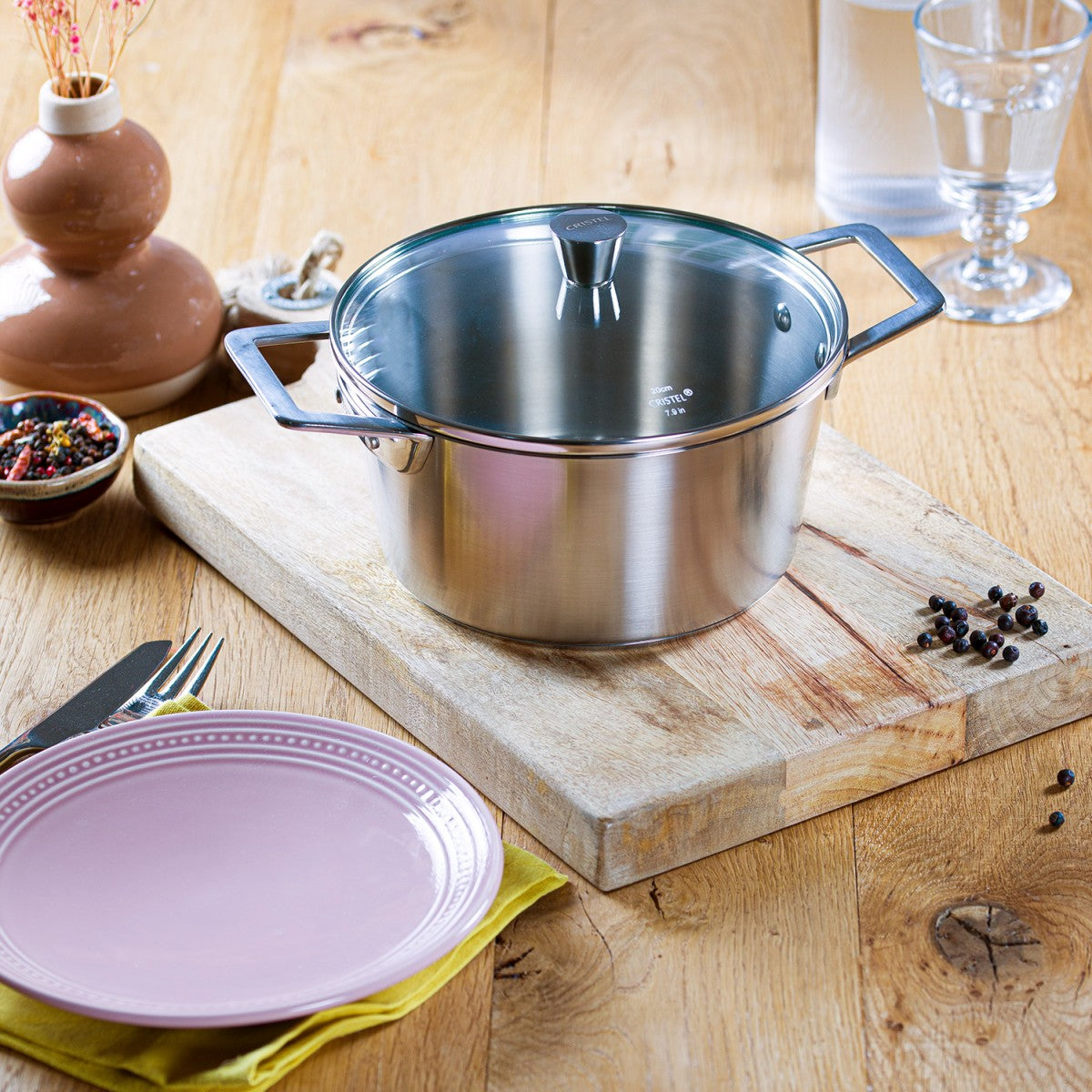 Faitout en inox brossé avec anses fixes polies et couvercle en verre bombé 18cm Cristel - Mathon - 2