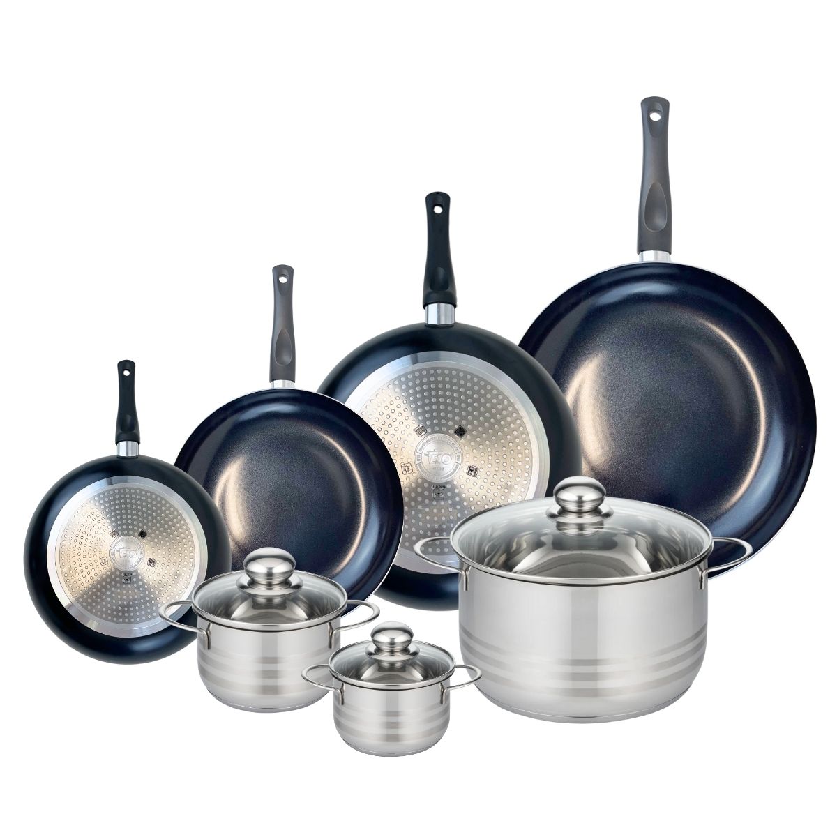 Ensemble de 4 Poêles de cuisson 20, 24, 28 et 32 cm et 3 faitouts 12, 14 et 24 cm  Prima Brillant Elo - Mathon - 1