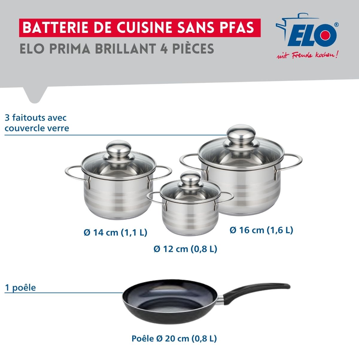 Ensemble de 1 Poêle de cuisson 20 cm et 3 faitouts 12, 14 et 16 cm  Prima Brillant Elo - Mathon - 2