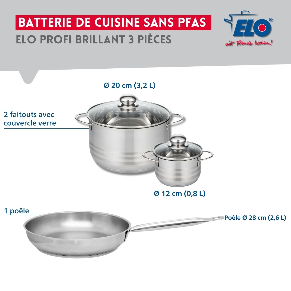 Ensemble de 1 Poêle de cuisson 28 cm et 2 faitouts 12 et 20 cm  Profi Brillant Elo - Mathon - 2