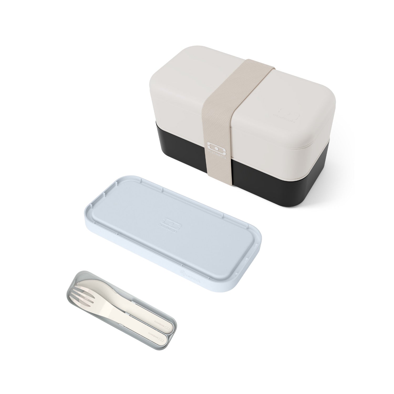 Set repas lunch box 2 étages 1L beige/noir + couverts + pain de glace Monbento - Mathon - 1