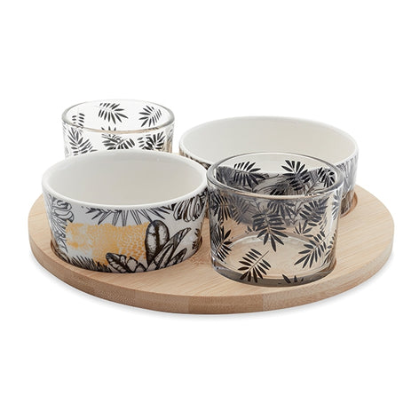 Service apéritif plateau bambou 21 cm 4 coupelles porcelaine et verre motifs fougères Mathon - Mathon - 2