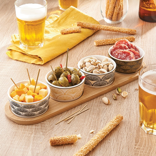 Service apéritif plateau bambou ovale 38 cm et 4 coupelles porcelaine imprimé boréal Mathon - Mathon - 2