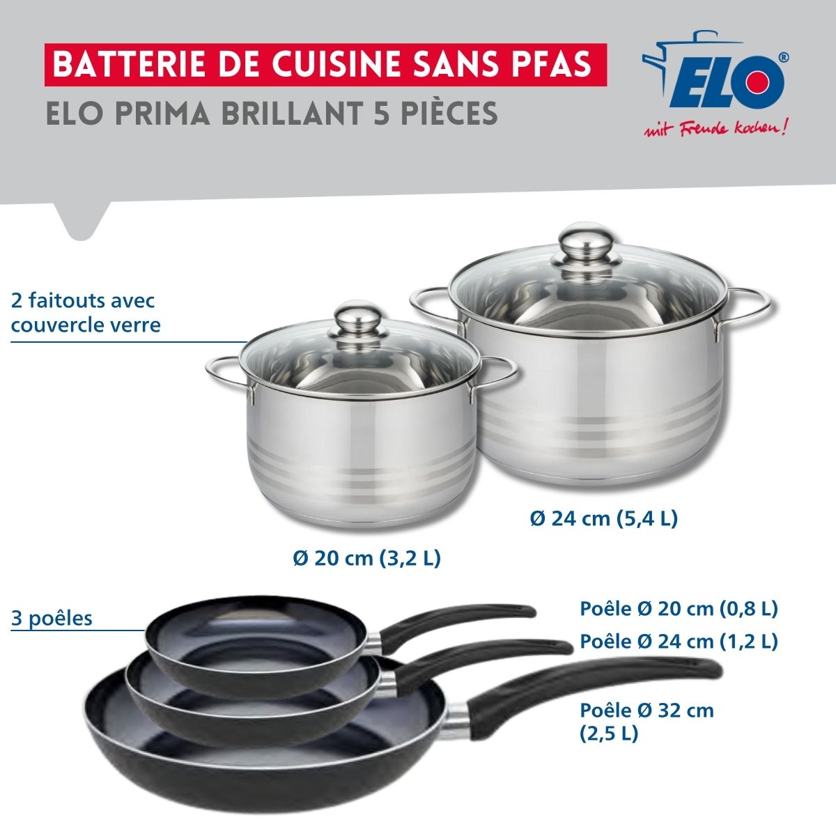 Ensemble de 3 Poêles de cuisson 20, 24 et 32 cm et 2 faitouts 20 et 24 cm  Prima Brillant Elo - Mathon - 2