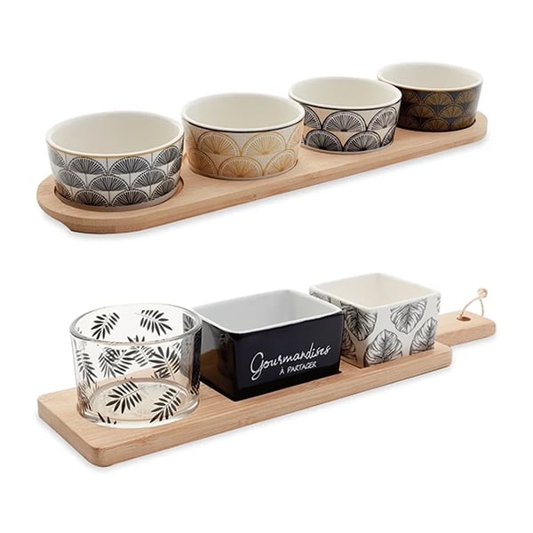 Set de 2 plateaux apéritifs bambou et porcelaine 3 et 4 coupelles Mathon - Mathon - 1