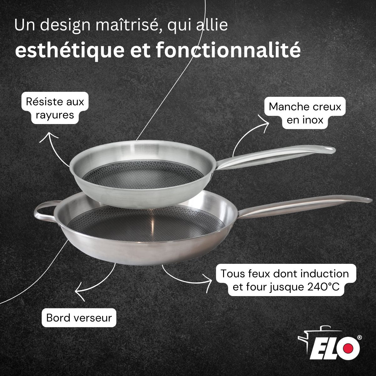 Ensemble de Poêles de cuisson en inox  Relief Solution 24 cm et 32 cm Elo - Mathon - 3