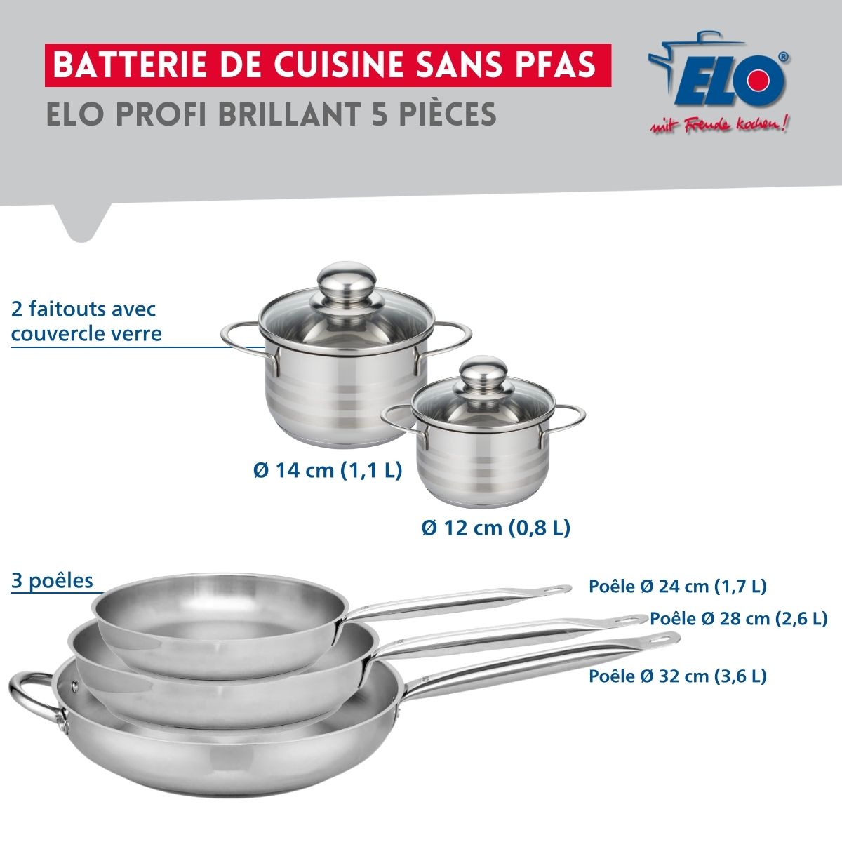 Ensemble de 3 Poêles de cuisson 24, 28 et 32 cm et 2 faitouts 12 et 14 cm  Profi Brillant Elo - Mathon - 2