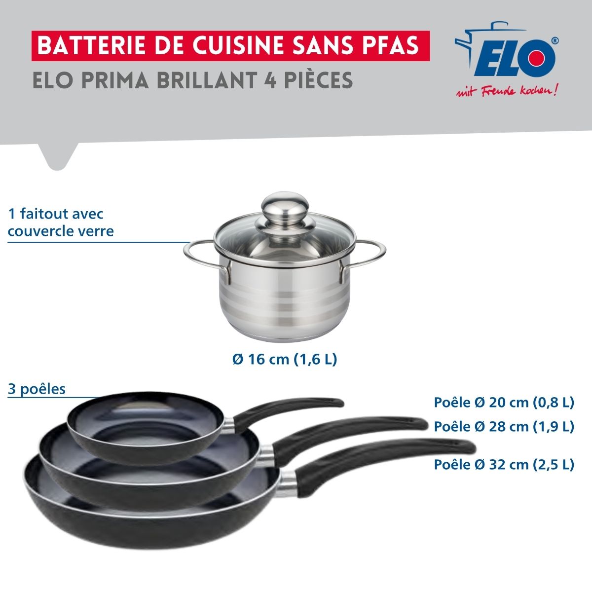 Ensemble de 3 Poêles de cuisson 20, 28 et 32 cm et 1 faitout 16 cm  Prima Brillant Elo - Mathon - 2