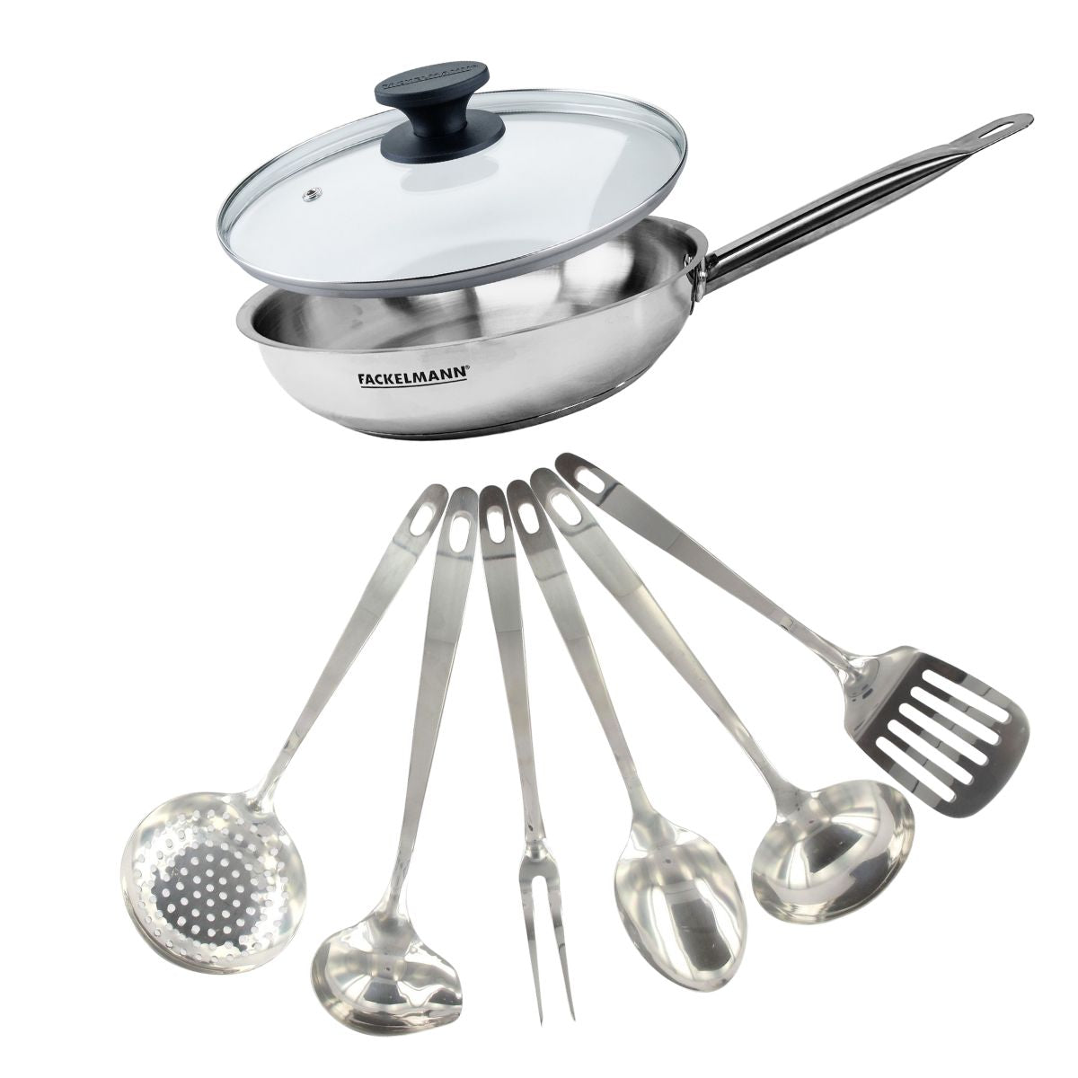 Set poêle 28 cm en inox, couvercle verre et 6 ustensiles inox  Eterna Fackelmann - Mathon - 1