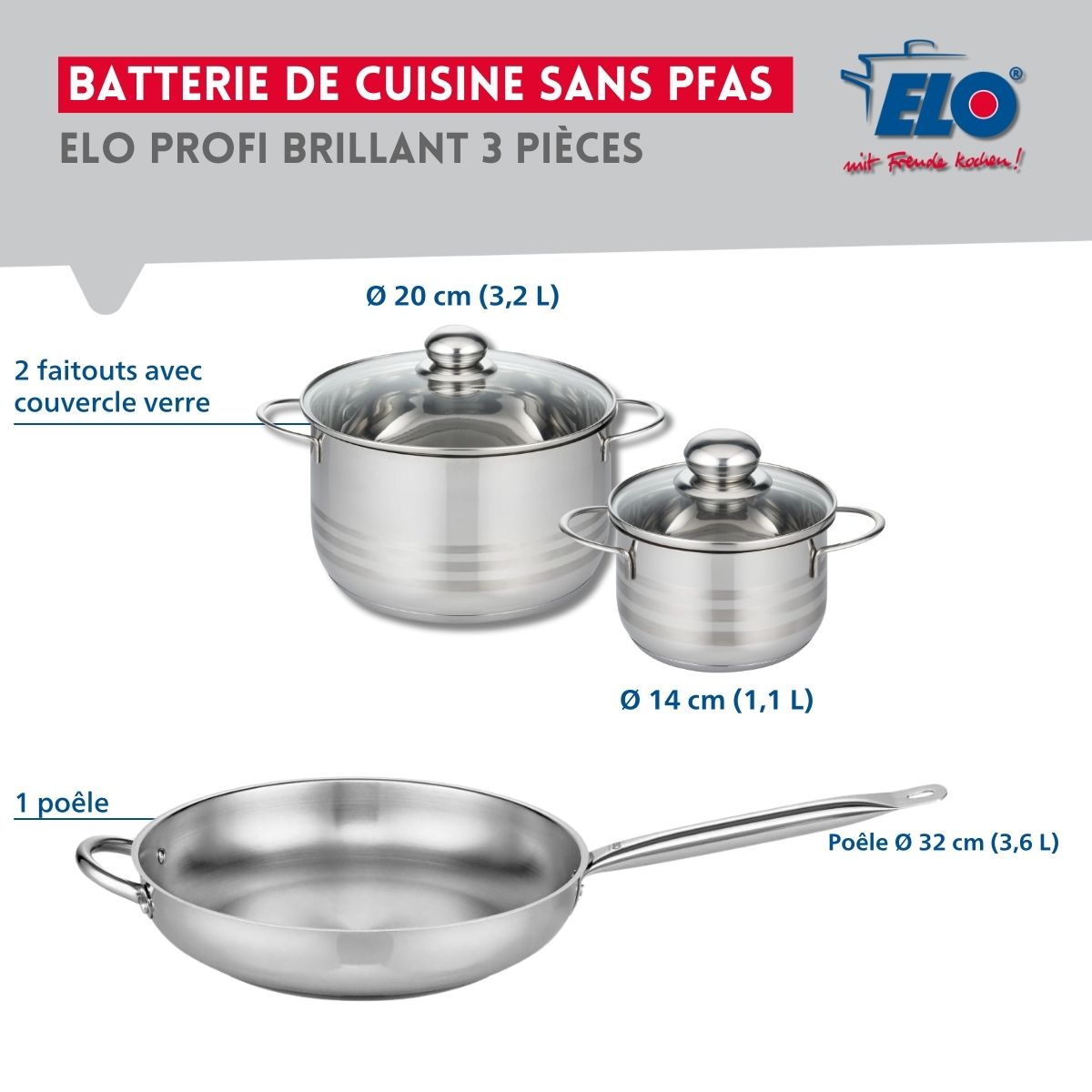 Ensemble de 1 Poêle de cuisson 32 cm et 2 faitouts 14 et 20 cm  Profi Brillant Elo - Mathon - 2