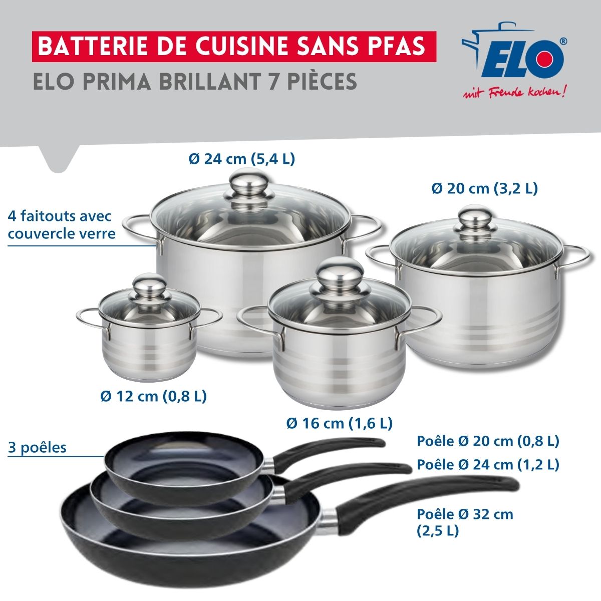 Ensemble de 3 Poêles de cuisson 20, 24 et 32 cm et 4 faitouts 12, 16, 20 et 24 cm  Prima Brillant Elo - Mathon - 2