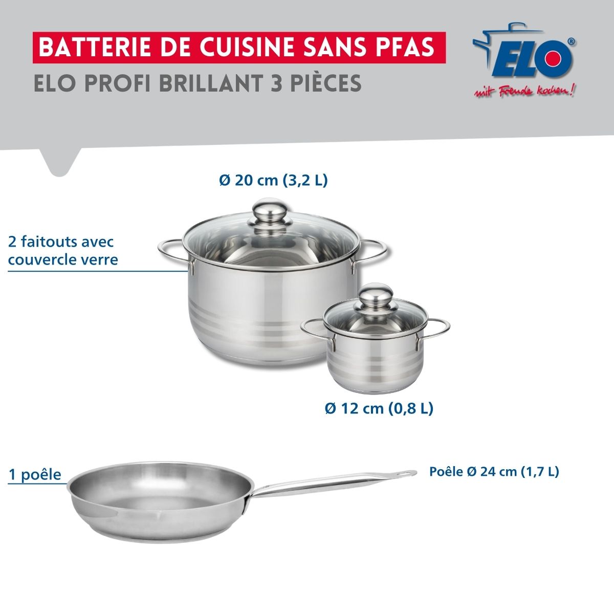 Ensemble de 1 Poêle de cuisson 24 cm et 2 faitouts 12 et 20 cm  Profi Brillant Elo - Mathon - 2