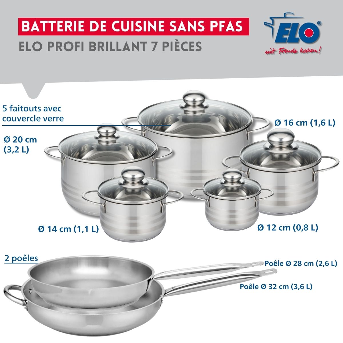 Ensemble de 2 Poêles de cuisson 28 et 32 cm et 5 faitouts 12, 14, 16, 20 et 24 cm  Profi Brillant Elo - Mathon - 2
