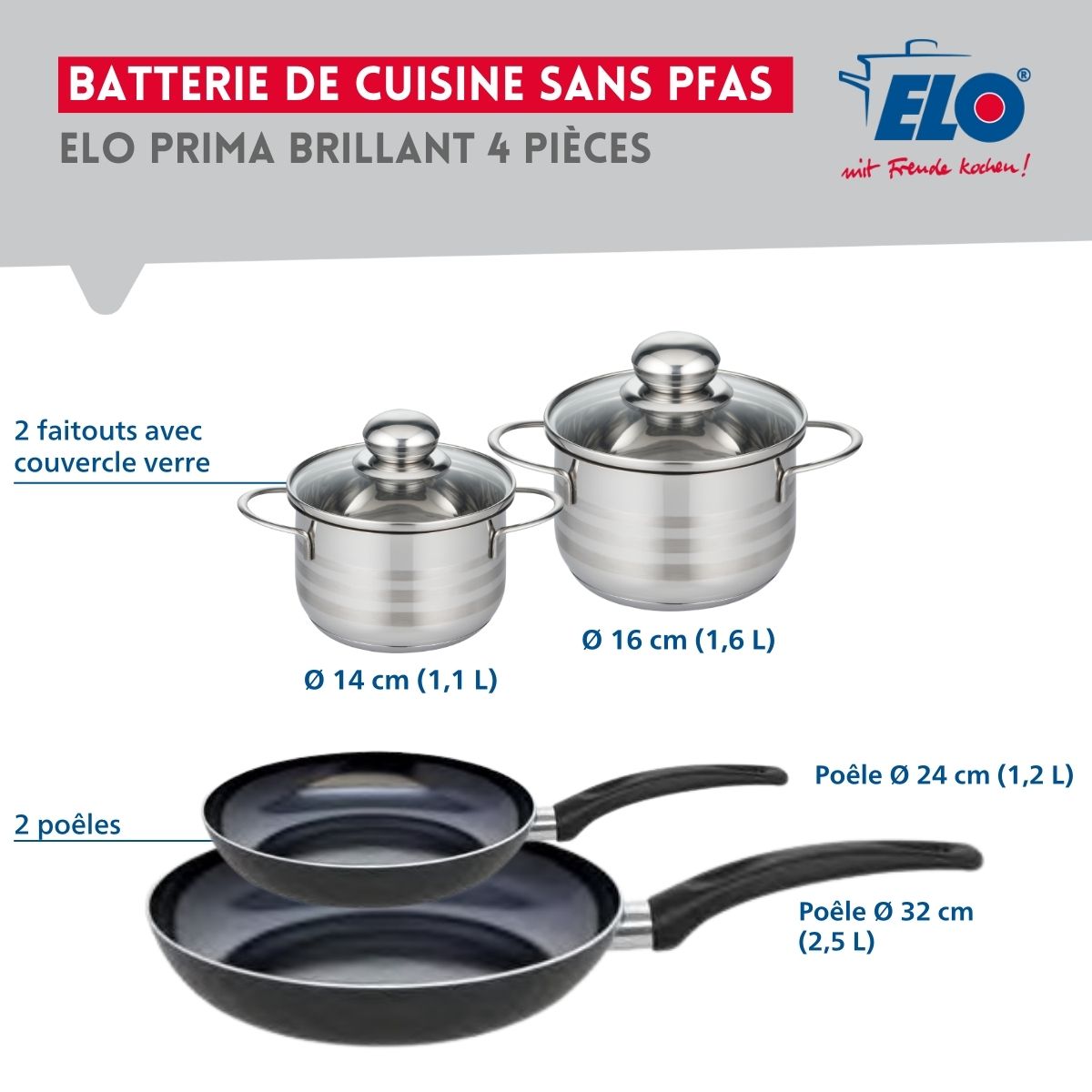 Ensemble de 2 Poêles de cuisson 24 et 32 cm et 2 faitouts 14 et 16 cm  Prima Brillant Elo - Mathon - 2