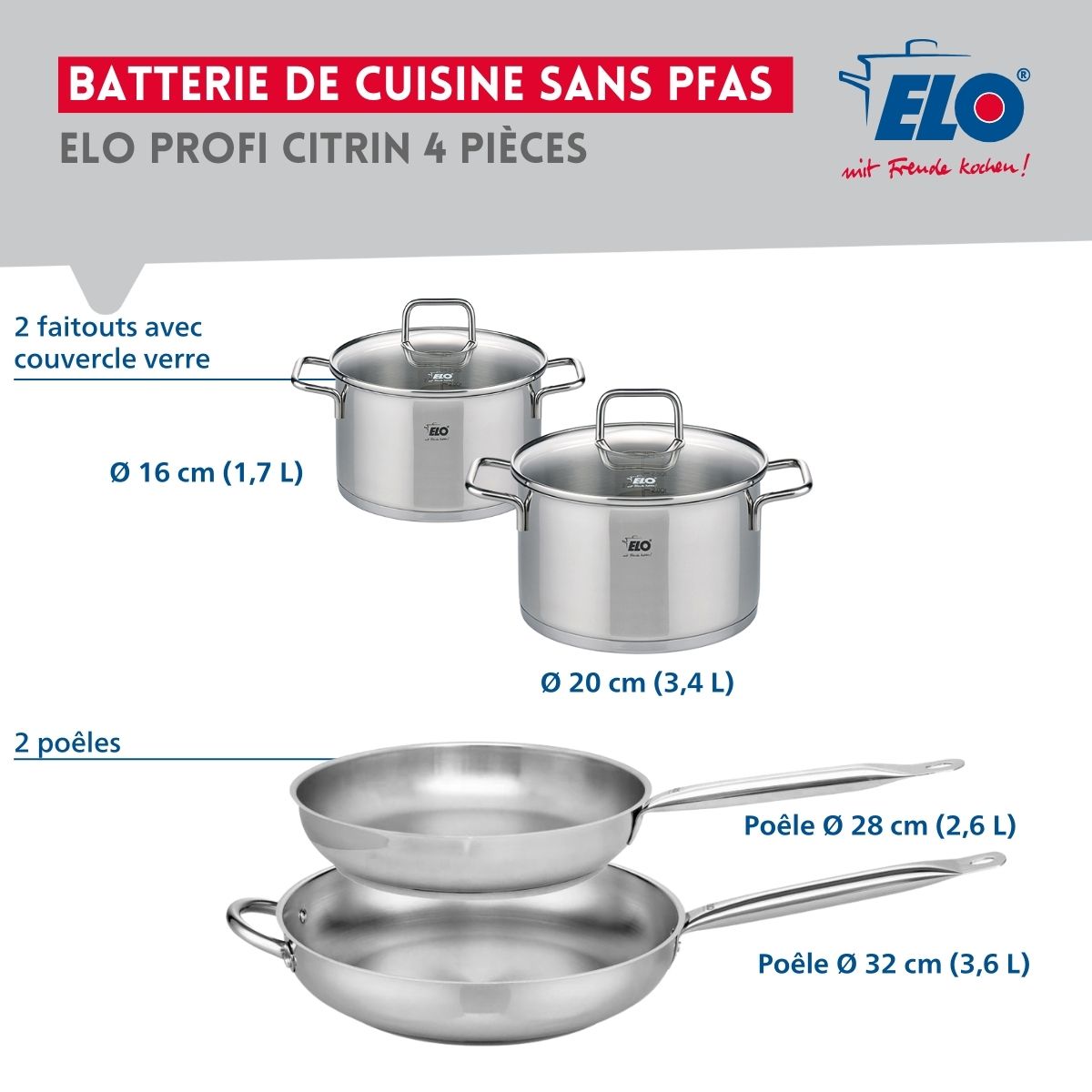 Ensemble de 2 Poêles de cuisson 28 et 32 cm et 2 faitouts 16 et 20 cm  Profi Citrin Elo - Mathon - 2